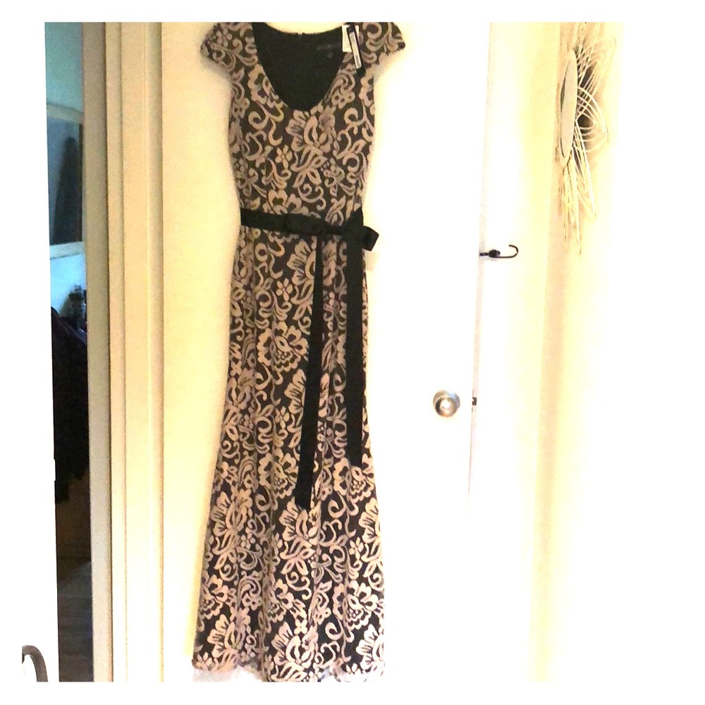Betsy and Adam Black and Tan lace gown